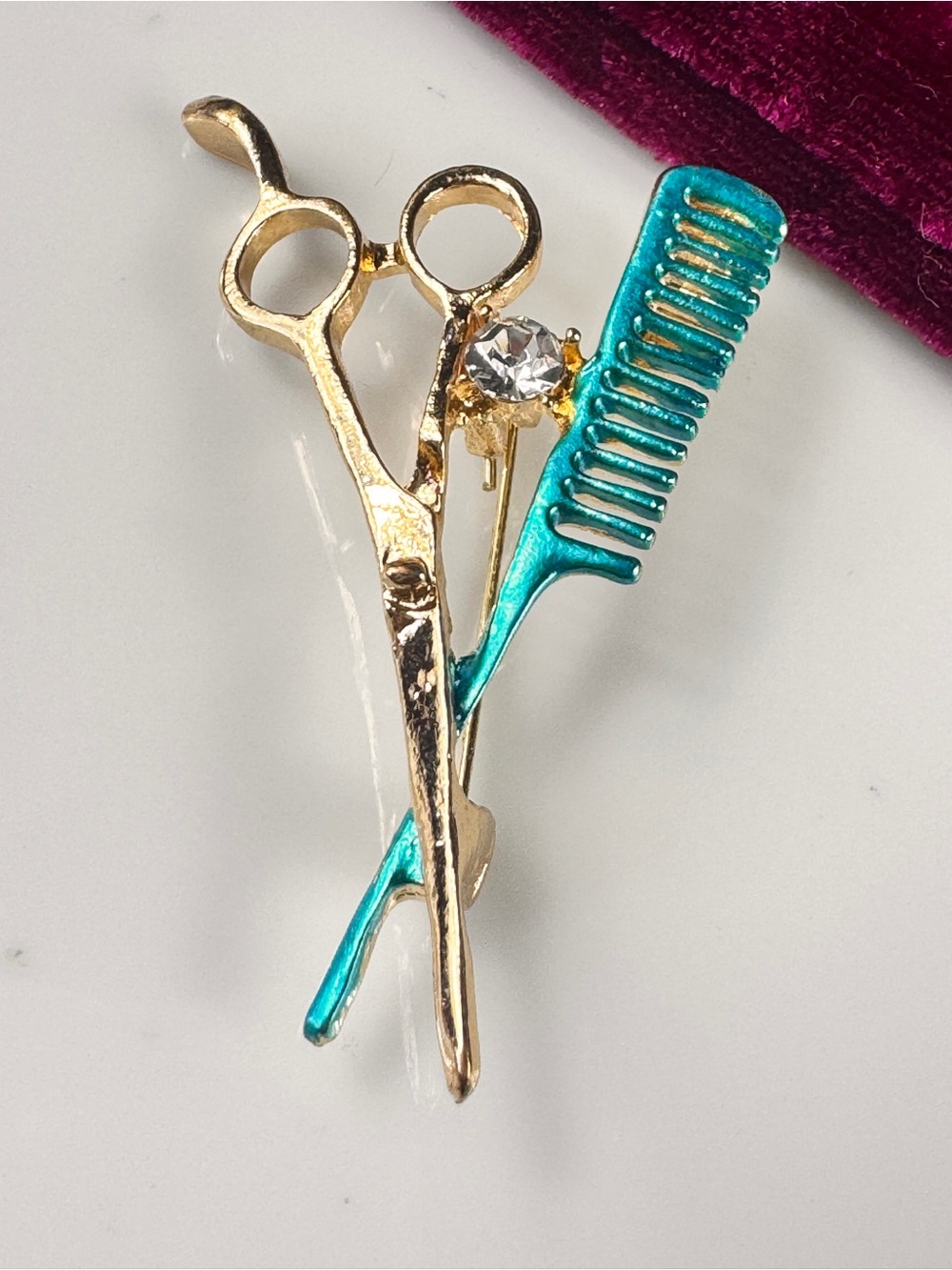 Gold Scissor & Teal Comb Brooch with Crystal Accent - Women Jewelry